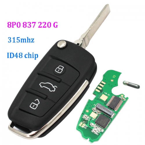 Uncut FLIP Remote Key fob 3 button 315MHz ID48 Chip for Audi A1 Q3 8P0 837 220G