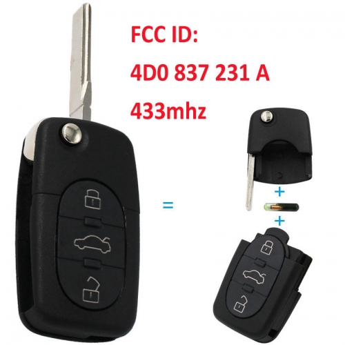 NEW FOR AUDI 3 BUTTON FLIP REMOTE KEY FOB A3 A4 A6 TT 433.92 MHZ 4D0 837 231 A