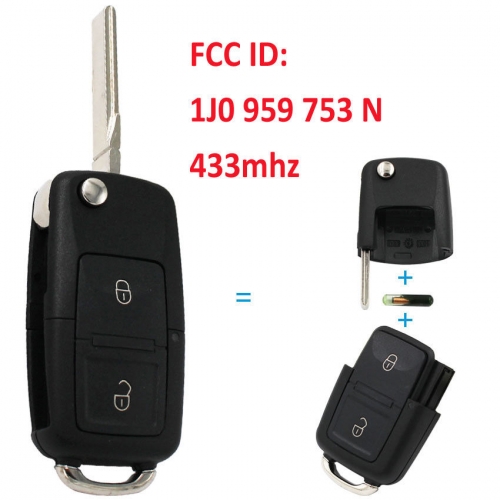 1J0 959 753 N 433MHZ NEW UNCUT FOR VW SEAT SKODA 2 BUTTON FLIP KEY FOB