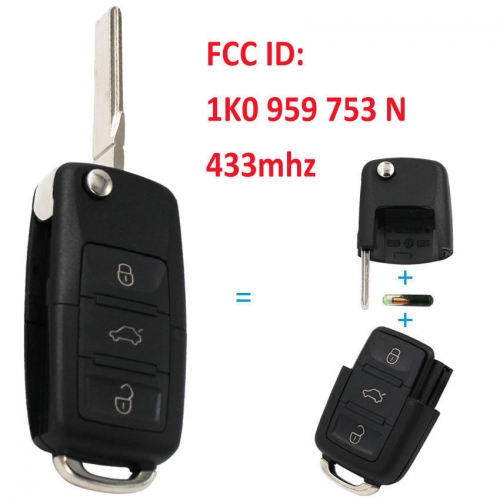 1K0 959 753 N 434MHZ NEW 3 BUTTON FLIP FULL REMOTE KEY FOR VW SEAT SKODA + ID48