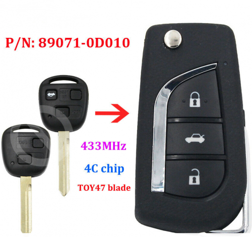 Upgraded flip remote key 433MHz 4C for Toyota Yaris Avensis Corolla 89071-0D010