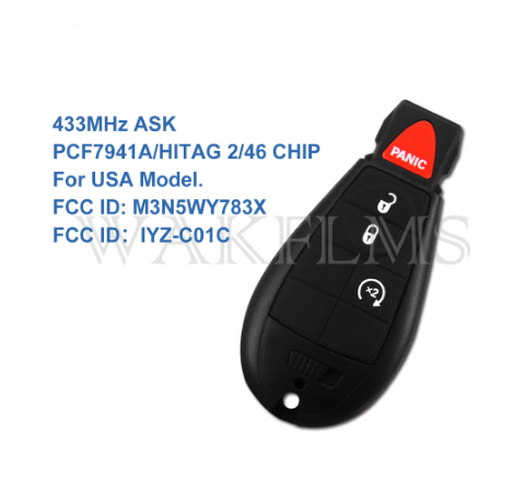 4btns Fobik Remote Car Key 433MHz For Chrysler Jeep Dodge Grand Caravan PCF7941A HITAG 2 46 Chip M3N5WY783X IYZ-C01C USA Model