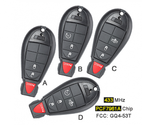 433MHz PCF7961A Chip GQ4-53T 2+1/ 3+1 4/ 4+1 5 Button Remote Key Fobik Fob for Dodge RAM 1500 2500 3500 4500 2013-2019