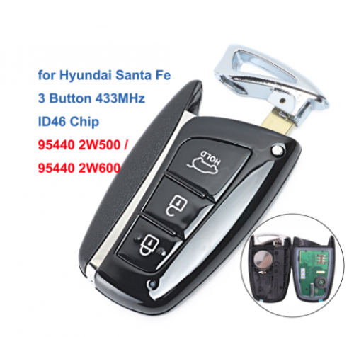 Smart Remote Car Key Fob 3 Buttons 433MHz ID46 Chip for Hyundai Santa Fe 2012-2015 FCC ID: 95440 2W500 / 2W600