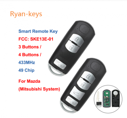 Smart Remote Car Key Fob 3 4 Buttons 433MHz with 49 Chip for Mazda (Mitsubishi System) 6 3 MX-5 CX-3 CX-5 CX-7, SKE13E-01