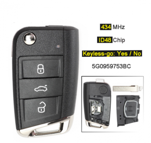 434MHz ID48 Chip 3 Button Keyless-go/ Flip Remote Key Fob for Volkswagen MQB Golf VII MK7, for Skoda Octavia A7