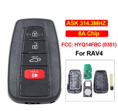 3+1/4 Button Remote Smart Car Key Fob ASK 314.3MHz with 8A Chip HYQ14FBC FCC ID: 14FBC-0351-US for Toyota RAV4 2018 2019