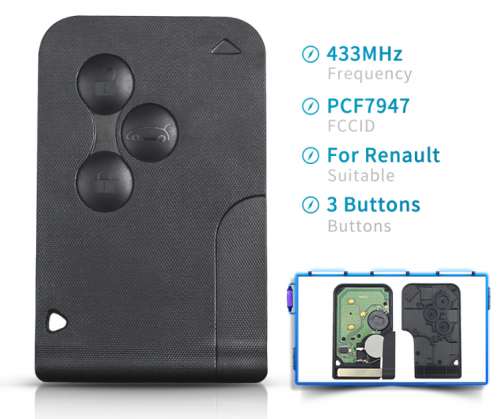 3 Button 433Mhz ID46 PCF7947 Chip with Emergency Insert Blade Smart Remote Key For Renault Megane Scenic 2003-2008 Card