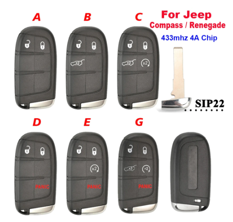 Remote Car Key 433Mhz ASK 4A Chip For JEEP Compass Renegade 2017-2022 Auto Key M3N-40821302 2/3/4/5 Buttons