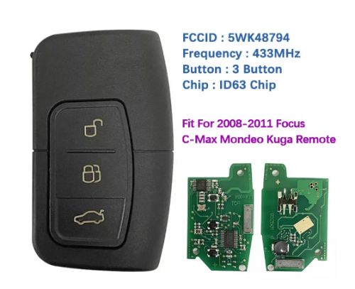 3 Buttons Smart Card Key For 2006-2011 Ford C-Max Focus Mondeo Kuga 5WK48794 ID63 Chip 433Mhz 3M5T-15K601-DC