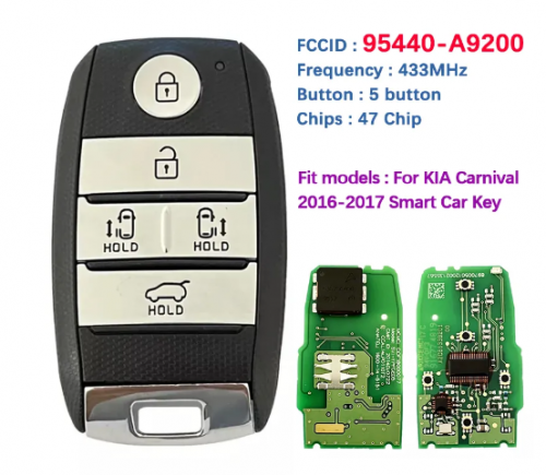 Genuine 5 Button Smart Key For KIA Carnival 2016-2017 Remote 433 MHz HITAG 3 Chip Fccid SVI-YPFGE05 95440-A9200 With Logo