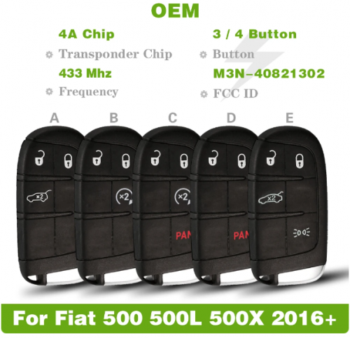 Original Keyless 3 /4 Buttons 433MHz 4A Chip For Fiat 500 500L 500X 2016+ Smart Remote Car Key Control SIP22 Blade FCCID M3N-40821302 With Logo