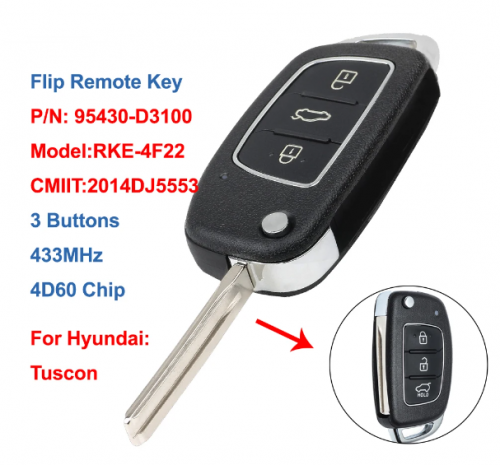 Flip Remote Key Fob 433MHz 4D60 for Hyundai Tuscon2016 2017 2018 2019 2020 P/N: 95430-D3100 95430-D3110 FCC: RKE-4F22 With Logo