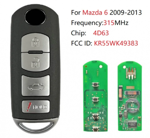 Remote Smart Prox Key Uncut Blade Insert Push To Start 4 Button for Mazda 6 315MHz 4D63 Chip VDO FCC: KR55WK49383 With Logo