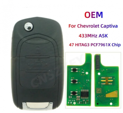 100% Original Flip Remote Key 3 Buttons 433MHz ASK With 47 HITAG3 PCF7961X Chip For 2020-2023 Chevrolet Captiva With Logo