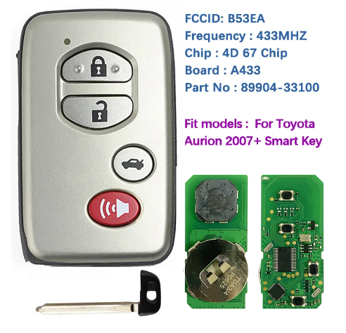 4 Button Key For Toyota Aurion 2007+ Smart Remote B53EA P1 D4 4D-67 433MHz Gray 89904-33100 Keyless Go With Logo