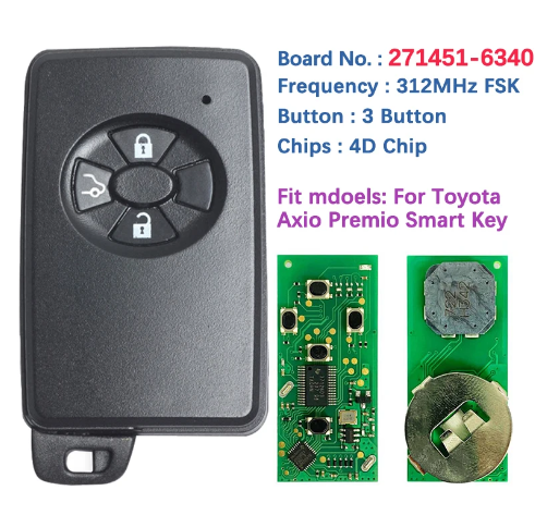 3 Button Smart Key For Toyota Axio Premio Keyless Remote Control Board number 271451-6340 4D Chip 312MHZ FSK With Logo