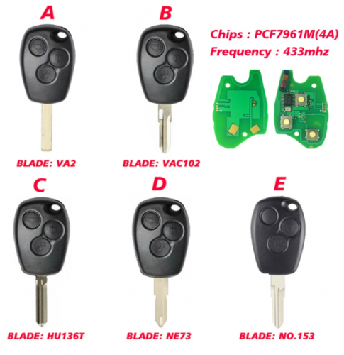 3 Button Remote Car Key for Renault 433mhz PCF7961M 4A Chip With Blade VA2 Vac102 HU136T NE73 153 No Logo