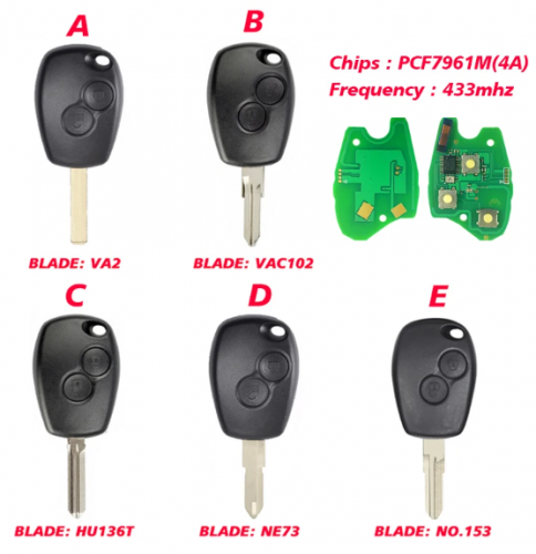 2 Button Remote Car Key for Renault 433mhz PCF7961M 4A Chip With Blade VA2 Vac102 HU136T NE73 153