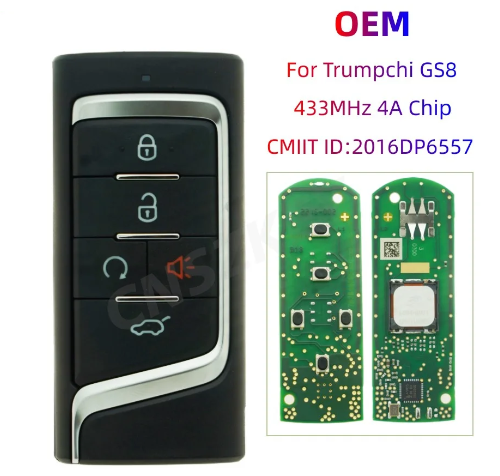 Original Smart Remote Key 433MHz FSK 4A Chip for GAC Trumpchi GS8 GS4 GS5 GS7 GM6 GM8 GS55 5 Buttons A30 CMIIT ID: 2016DP6557 With Logo