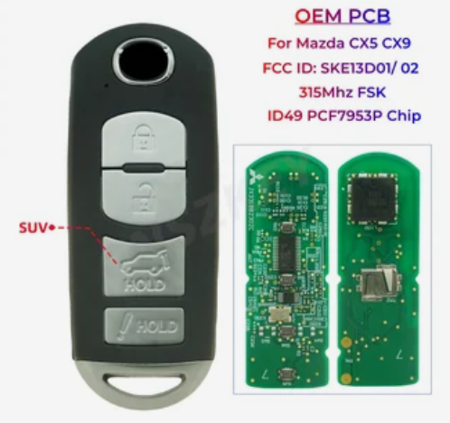 OEM PCB FCC ID: SKE13D-01/SKE13D-02 Universal 315Mhz FSK Smart Remote Key For Mazda SUV CX5 CX9 ID49 PCF7953P Chip With Logo