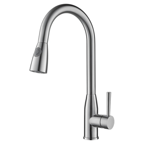 Stainless Steel Single Handle High Arc Brushed Pull Out Kitchen Faucet with 2 Function Silicone Button Spray Head