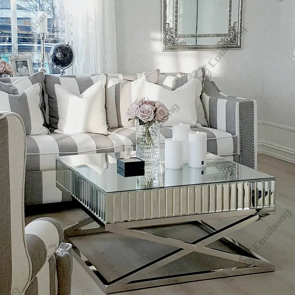 Coolbang Modern Vanity Crushed Diamond Living Room Mirrored Coffee Table