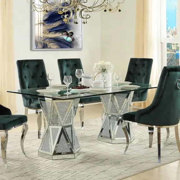 Own Design Mirrored Crushed Diamond Tempered Glass Top Dining Table