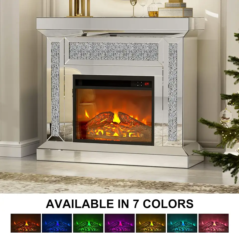 Vintage LED Lighting 7 Colors Changing Mirrored 3D Electric Fireplace With Remote Control
