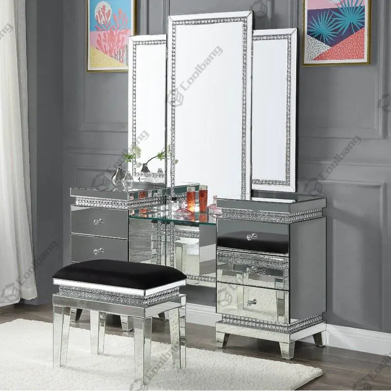 New Sparkle Crushed Diamond Drawers Hollywood Dressing Table Vanity Desk with LED Light Makeup Mirror Set