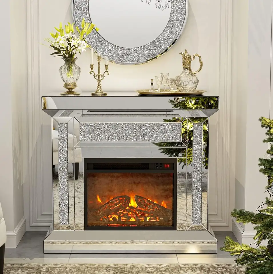 Contemporary Cheap Living Room Furniture Art Deco Mirrored Electrical Fireplace No Heat