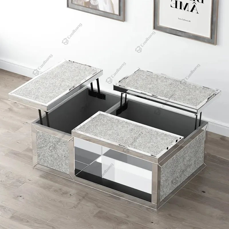 Multifunctional Height Adjustable Mirrored Square End Table Lift Top Coffee Table For Living Room