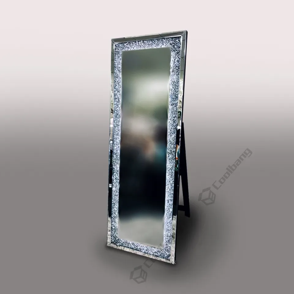 Hot Selling Home Mirrored Furniture Crushed Diamond Led Light Floor Mirror