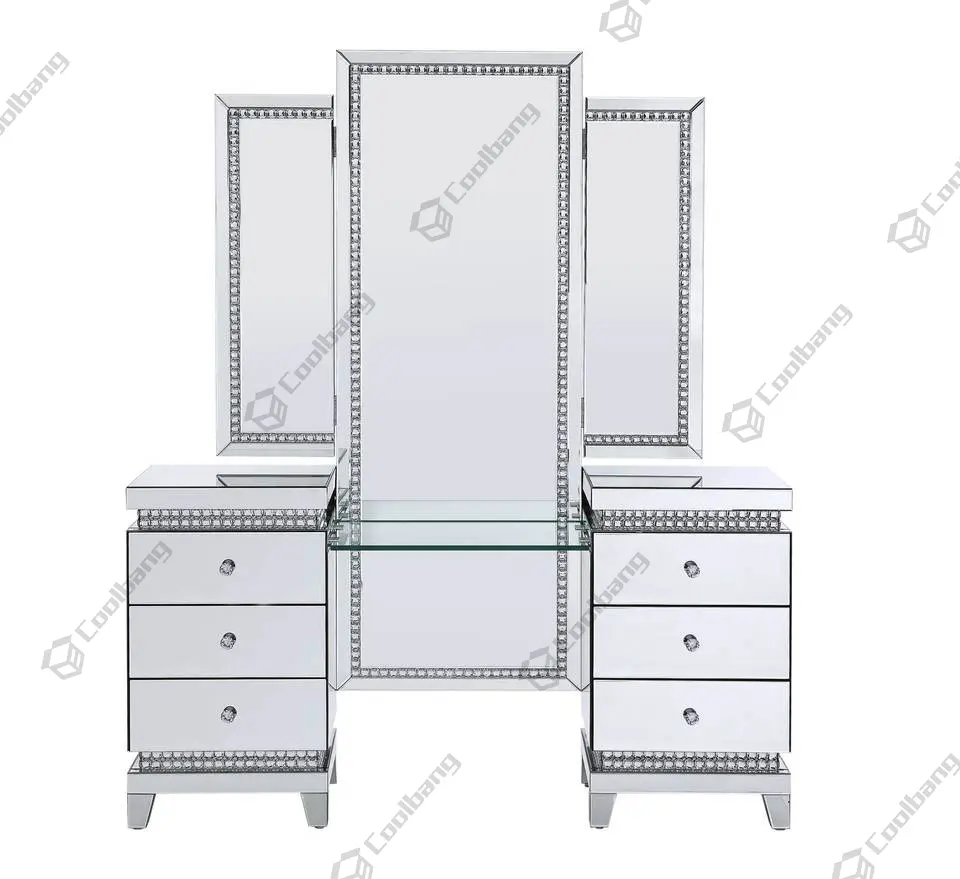 New Sparkle Crushed Diamond Drawers Hollywood Dressing Table Vanity Desk with LED Light Makeup Mirror Set