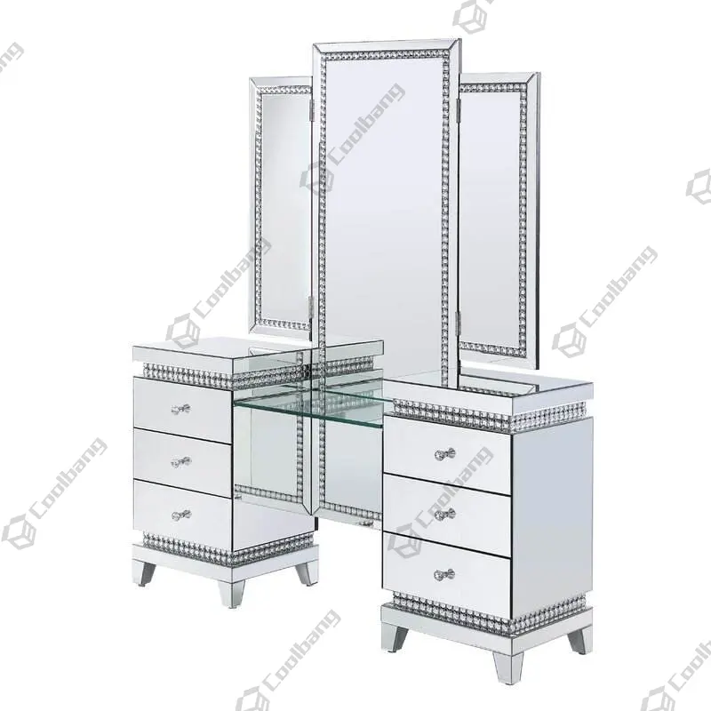 New Sparkle Crushed Diamond Drawers Hollywood Dressing Table Vanity Desk with LED Light Makeup Mirror Set