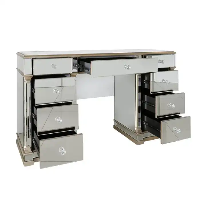 Contemporary 9 Drawers Grooming Table Mirrored Double Pedestal Dressing Table With Crystal Handle