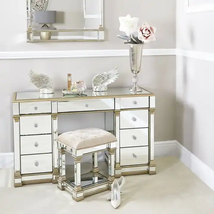 Contemporary 9 Drawers Grooming Table Mirrored Double Pedestal Dressing Table With Crystal Handle