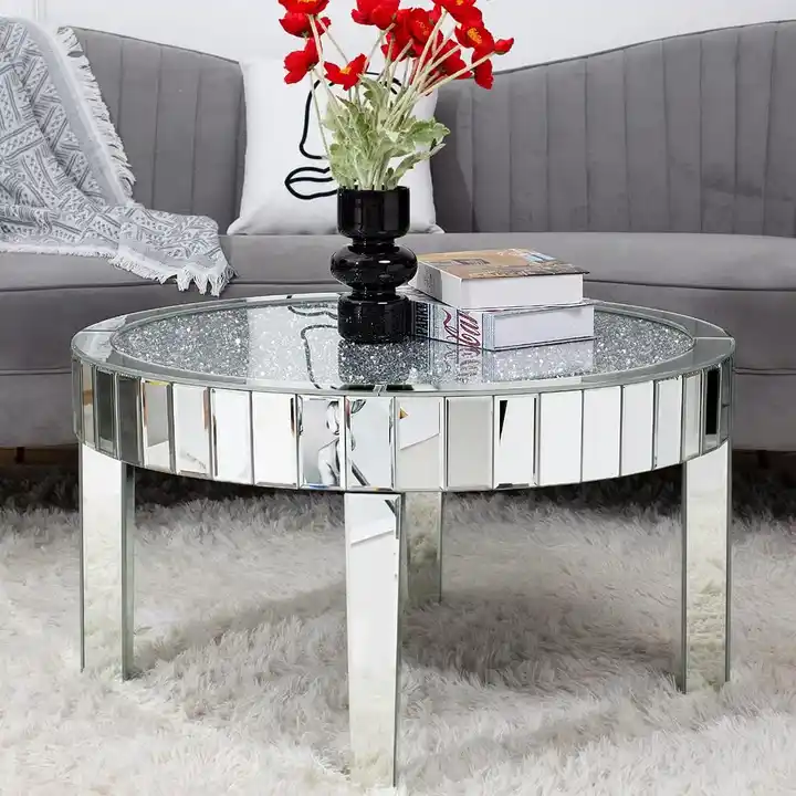 Living Rooms Bedrooms Decor 31.5'' Modern Mirrored Round Coffee Table Wood With Crystal Inlay