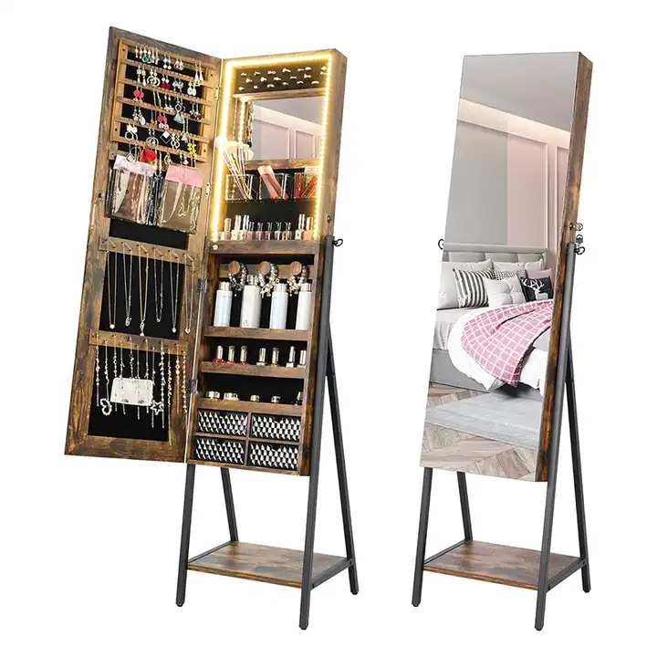 Lockable Standing Women 47.2'' Full-Length Mirror Jewelry Cabinet Armoire With LED Lights
