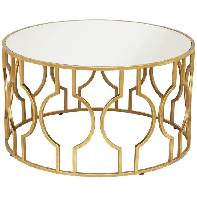 Modern Metal Round Coffee Table Wide Gold Leaf Mirrored Glass Tabletop Furniture Office Metal Frame Center Coffee Table