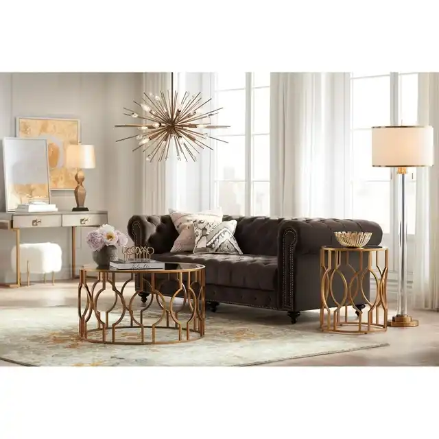 Modern Metal Round Coffee Table Wide Gold Leaf Mirrored Glass Tabletop Furniture Office Metal Frame Center Coffee Table