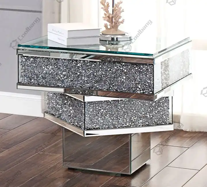 Contemporary Style Home Living Room Crushed Diamond Side Table Mirrored End Table
