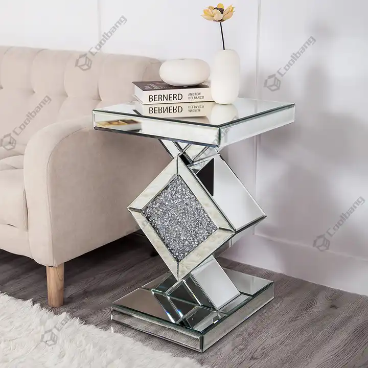 Luxury Modern Crushed Diamond Crystal Vanity Mirrored Side Table