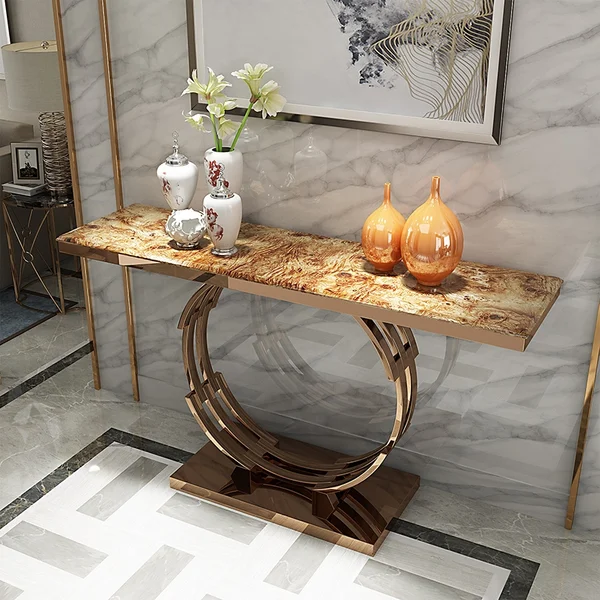 Modern Luxury 47.2" Faux Marble Narrow Rectangle Tabletop Rose Gold Console Table