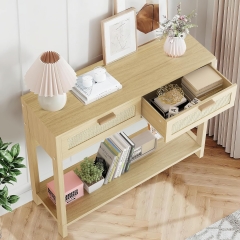 Bohemian Chic Oak Rattan Wabi-Sabi Living Room 2 Drawer Entryway Console Table With Open Shelf
