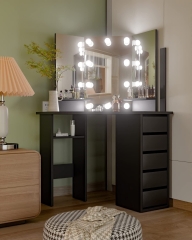 Three-Fold Mirror and Drawer Corner Vanity Lighted Makeup Desk Dressing Table With Mirror And 5 Drawer
