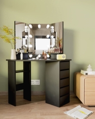 Black White Corner Vanity Adjustable Lighted Makeup Desk Dressing Table With Three-Fold Mirror and 5 Drawer