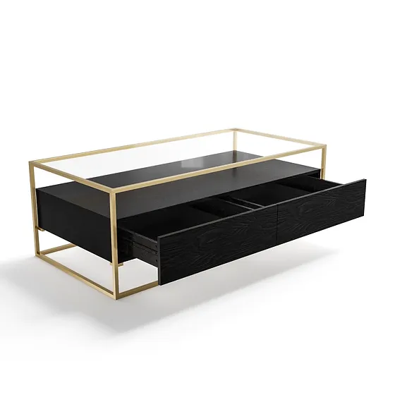 Modern Black 2 Drawer Glass Top Tea Table Gold Plated Steel Frame Coffee Center Table For Living Room