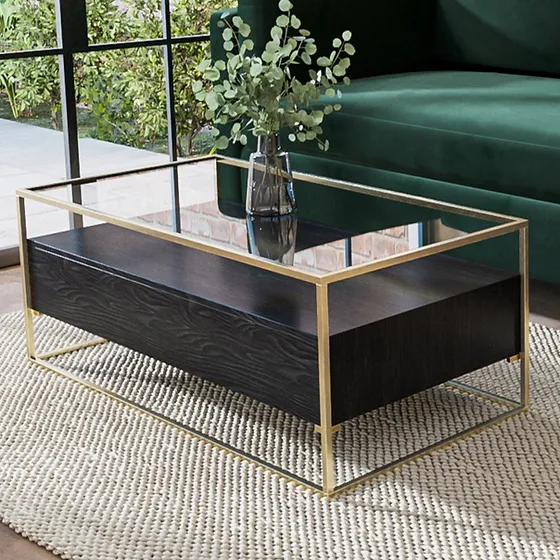 Modern Black 2 Drawer Glass Top Tea Table Gold Plated Steel Frame Coffee Center Table For Living Room