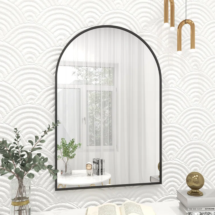 Custom Black Gold Metal Frame Minimalist Design Light Luxury Wall-mounted Arched Mirror